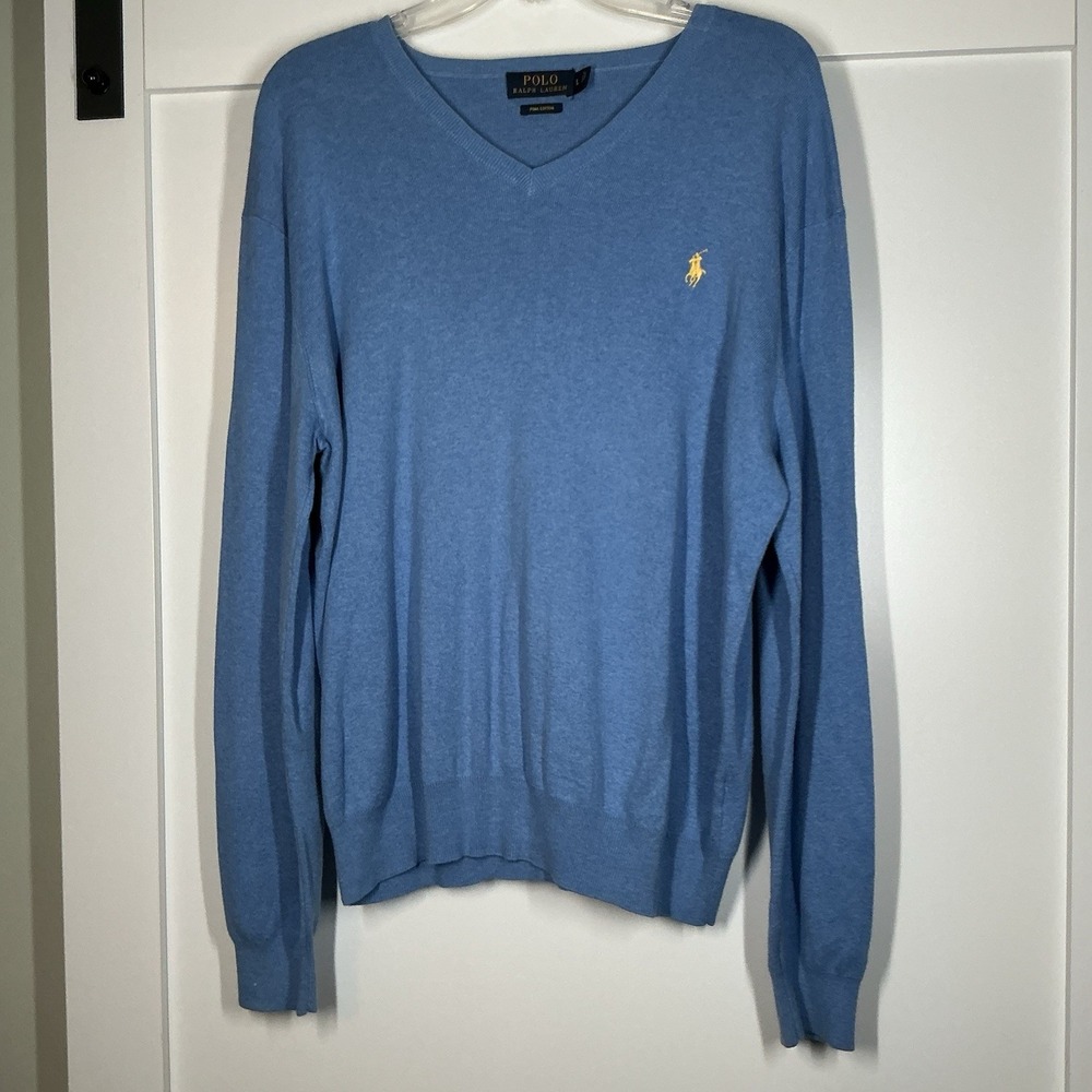Polo‎ Ralph Lauren Men's Pima Cotton V-Neck Sweater - Large - Cobalt Blue Preppy